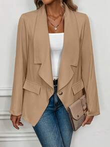 SHEIN LUNE 青果領單釦西裝外套 - 卡其色 - 查看 4