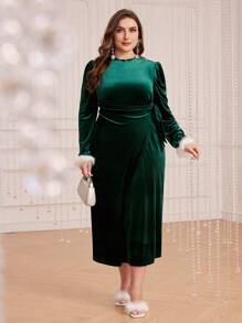 Modelyn Plus Fuzzy Cuff Puff Sleeve Tie Side Wrap Velvet Dress - Green - View 1