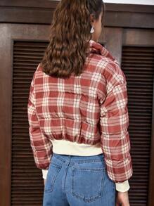 SHEIN EZwear Plaid Print Zip Up Crop Padded Coat