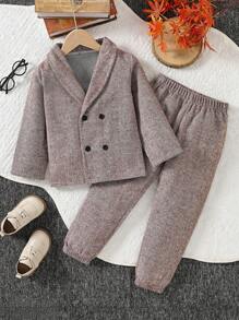 SHEIN 男小童雙排釦青果領西裝外套和褲子 - 卡其色 - 查看 1