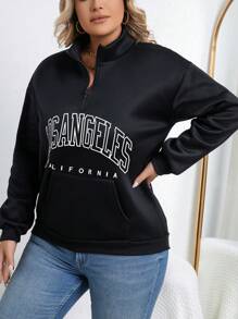 SHEIN Unity 大碼字母圖案半拉鏈落肩袖運動衫 - 黑色 - 查看 6