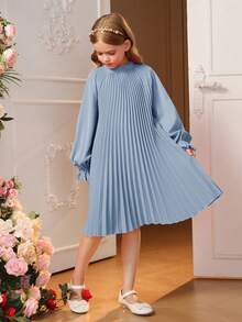SHEIN 女大童1入組後綁帶蝴蝶結荷葉袖百褶洋裝 - 霧霾藍 - 查看 3