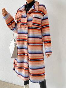 Chiquease Striped Print Drop Shoulder Flap Pocket Coat - Multicolor - View 6