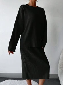 EURMUSE 落肩袖捲邊袖口T恤和裙子套裝 - 黑色 - 查看 5