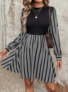 SHEIN Privé In sọc Váy chữ A - Đen và trắng - Xem 1