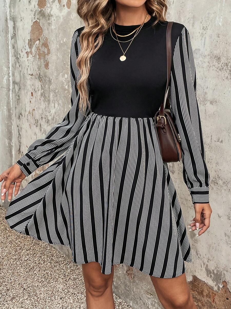 SHEIN Privé In sọc Váy chữ A - Đen và trắng - Xem 1