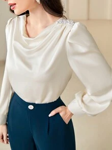 Modelyn Solid Color Cowl Neck Lantern Sleeve Shirt And Wide Leg Pants Set - Blue - View 6