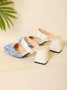 簡約風一腳蹬穆勒鞋帶方頭,花細節鞋面,時尚高跟女性鞋 - 藍白色 - 查看 5