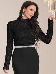 Modelyn Mock Neck Floral Jacquard Blouse - Black - View 5