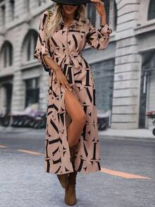 SHEIN Clasi Tất cả Đồ họa Chữ cái Cuộn lên tay áo Thắt lưng Váy sơ mi - Màu Khaki - Xem 6