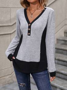 SHEIN LUNE 撞色前紐扣T恤 - 灰色 - 查看 1