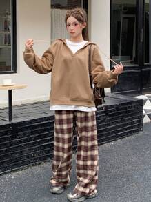 DAZY Áo hoodie trơn vai rút dây 2 trong 1, quần áo mùa thu - Màu Khaki - Xem 6