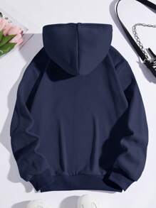 INAWLY Kangaroo Pocket Drawstring Thermal Lined Hoodie,Long Sleeve Tops - Navy Blue - View 2