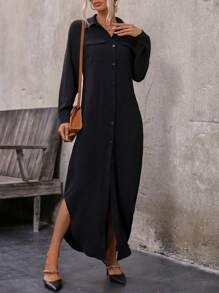 SHEIN LUNE 翻蓋口袋前紐扣襯衫洋裝 - 黑色 - 查看 4