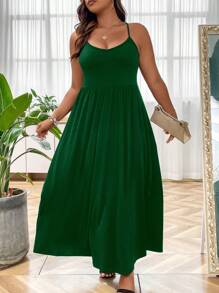 SHEIN LUNE Vestido largo de mujer tipo camiseta de talla grande de un solo color - Verde Oscuro - Ver 1