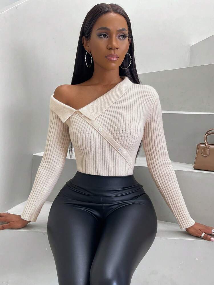 Asymmetrical Neck Button Detail Ribbed Knit Knit Pullover Fall Winter Sweater