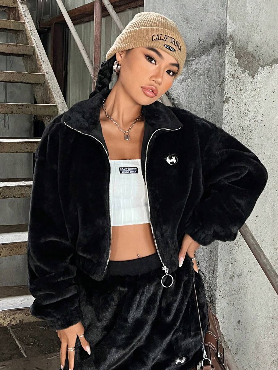 SHEIN EZwear Thư được vá Thả vai Áo Teddy Jackets - Màu xanh lam - Xem 1