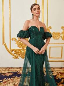 Off Shoulder Puff Sleeve Sequin Mermaid Formal Dress - Dark Green - View 6