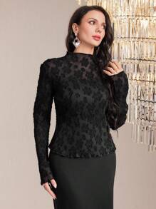 Modelyn Mock Neck Floral Jacquard Blouse - Black - View 1