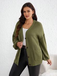 SHEIN Unity 大碼落肩袖口袋貼布開襟衫 - 軍綠色 - 查看 5