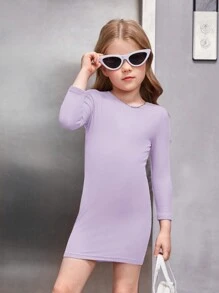 SHEIN Cô Gái Trẻ Chất rắn Váy liền áo vừa vặn - Màu tím - Xem 1