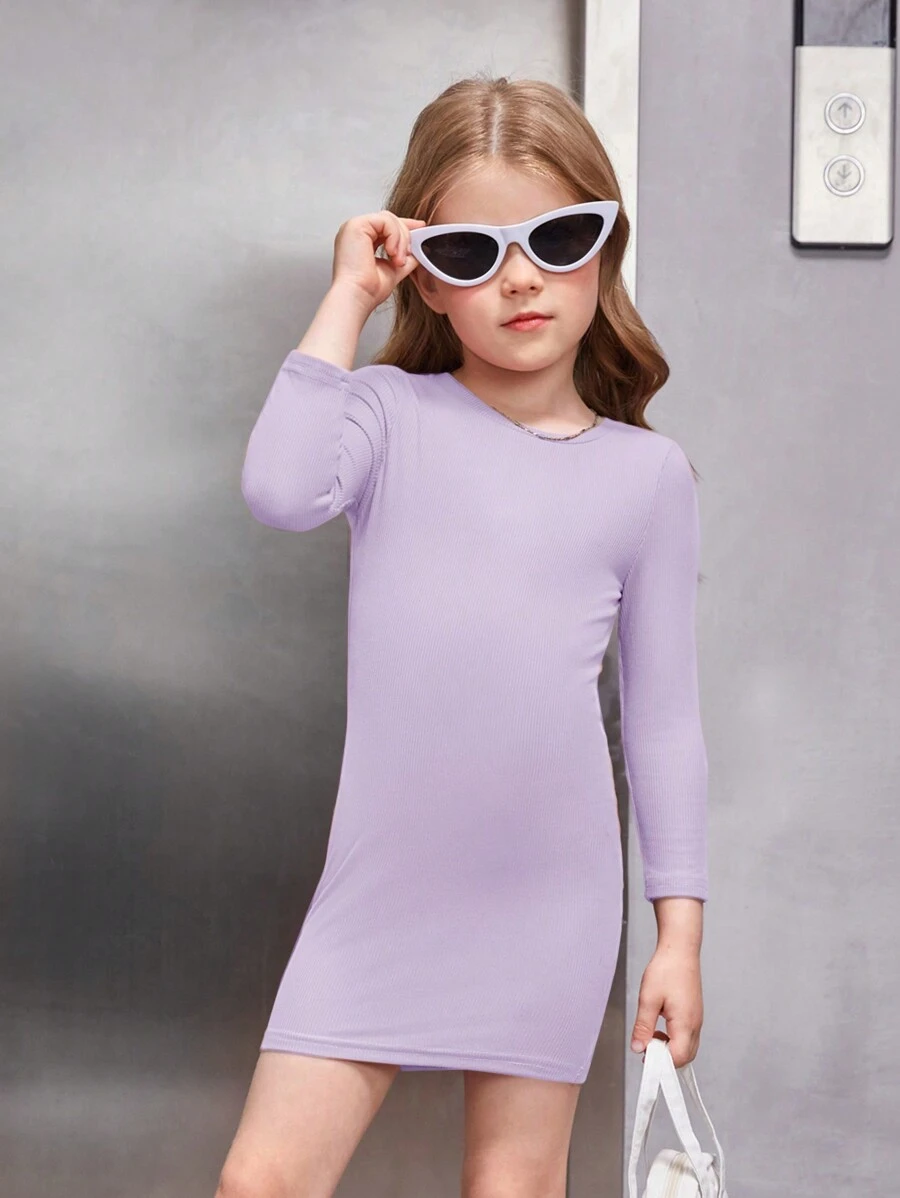 SHEIN Cô Gái Trẻ Chất rắn Váy liền áo vừa vặn - Màu tím - Xem 1