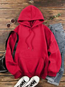 SHEIN EZwear 骷髏&標語圖案抽繩加絨內裏連帽衫 - 紅色 - 查看 2