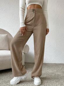 SHEIN LUNE 高腰直筒褲 - 卡其色 - 查看 3