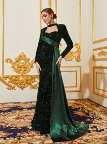 Mock Neck Cut Out Front Sequin Mermaid Dress - Dark Green - View 5