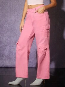 L'Amorae Solid Flap Pocket Straight Leg Cargo Pants - Pink - View 1