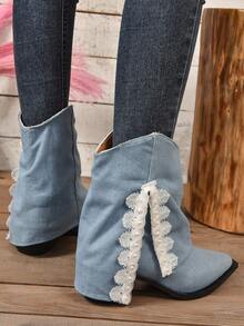 女性馬術&西方風格燈藍色的高跟鞋復古尖頭堆跟及膝靴子帶流蘇和筒襪美式短靴 - 藍色 - 查看 4