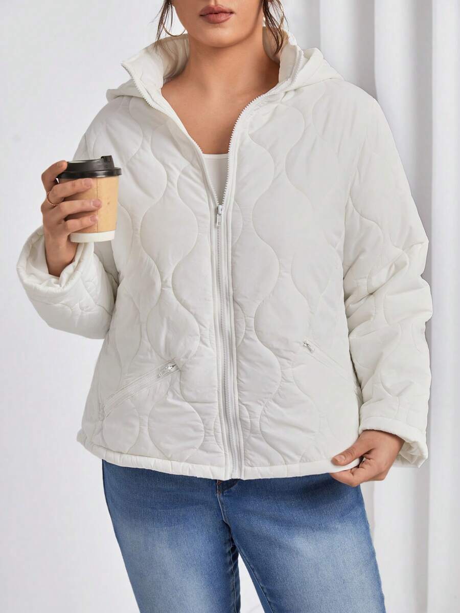 SHEIN Frenchy Hơn Dây kéo áo có mũ Áo khoác Quilted - trắng - Xem 1