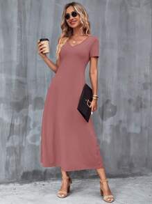 SHEIN Clasi Chất rắn Túi ẩn Đầm - Bụi hồng - Xem 5