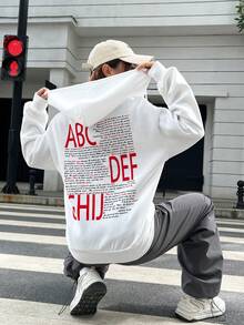 SHEIN EZwear 標語圖案抽繩拉鏈開襟落肩袖連帽衫 - 白色 - 查看 2