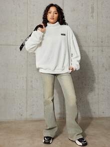 SHEIN Teen Girl Letter Patched Drop Shoulder Teddy Sweatshirt - White - View 6