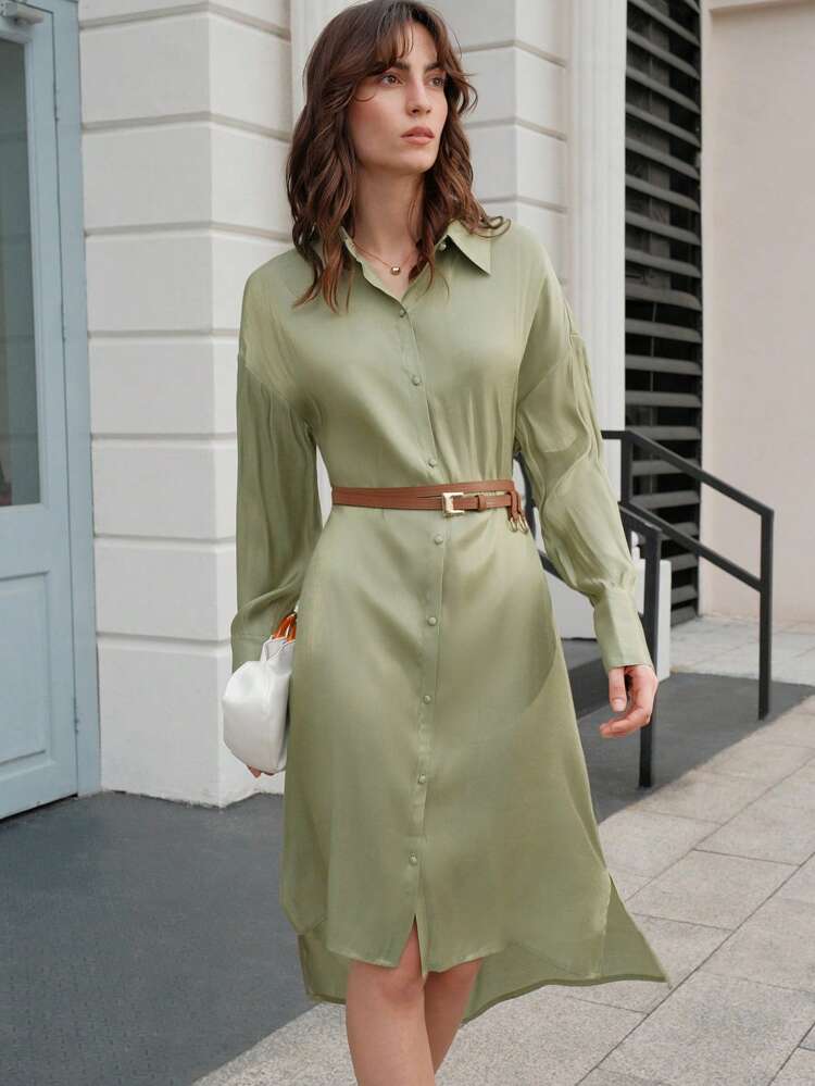 Drop Shoulder High Low Hem Shirt Dress Without Belt Maxi Women Outfit