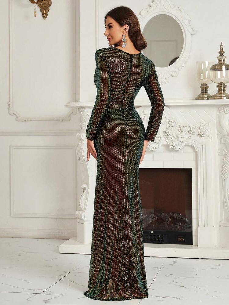 Surplice Neck Wrap Hem Sequin Formal Dress