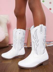 女孩水鑽細節側拉鍊西部牛仔靴 - 白色 - 查看 2