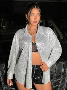 SHEIN BAE 大碼滿版印花落肩袖金屬亮絲襯衫 - 銀色 - 查看 3