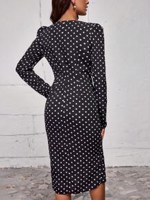 SHEIN LUNE In vết tròn Polka Chi tiết Nút Váy Wrap Hem - Đen và trắng - Xem 2