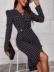 SHEIN LUNE In vết tròn Polka Chi tiết Nút Váy Wrap Hem - Đen và trắng - Xem 5