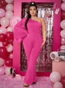 SHEIN Allurite Plus One Shoulder Flare Sleeve Flare Leg Jumpsuit Without Belt - Hot Pink - View 3