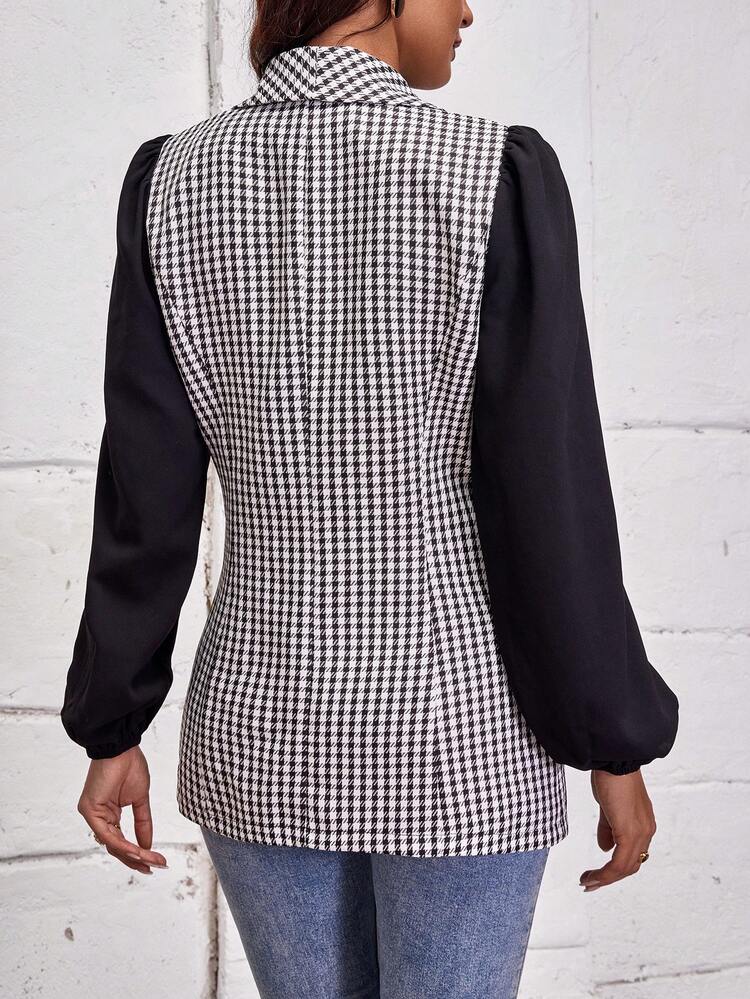 Houndstooth Print Double Breasted Blazer Without Belt