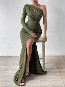 SHEIN Privé One Shoulder Ruched Split Thigh Dress - Army Green - View 4