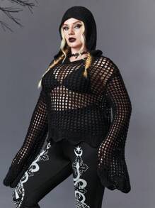 ROMWE Goth Plus  Size Summer Crochet Hollow Out Bell Sleeve Sweater Without Bra - Black - View 6