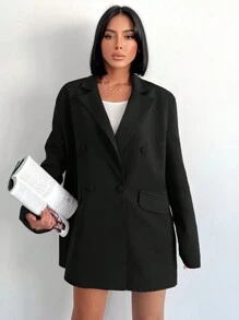 RueChic Lapel Collar Loose Double Breasted Suit Jacket - Black - View 3