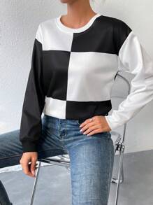 SHEIN Essnce Color Block Drop Shoulder Sweatshirt - Black and White - View 6