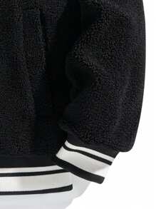 Manfinity EZcore Men Letter Embroidered Striped Trim Baseball Collar Teddy Padded Coat - Black - View 4