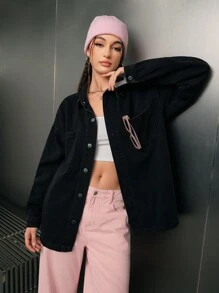 SWAVVY 1pc Men's Loose Drop Shoulder Denim Shirt With Pocket Patches - Black - View 3