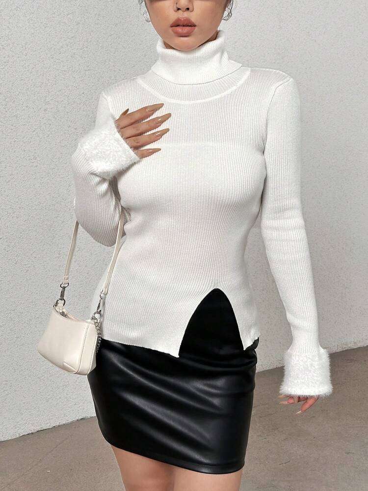 Turtleneck Fuzzy Cuff Split Hem Knit Pullover Fall Winter Sweater